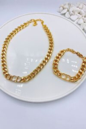 Toptan Altın Renk Kombin Cd Harfli Christian Dior Model Kalın Zincir Kolye Bileklik Set – 3008