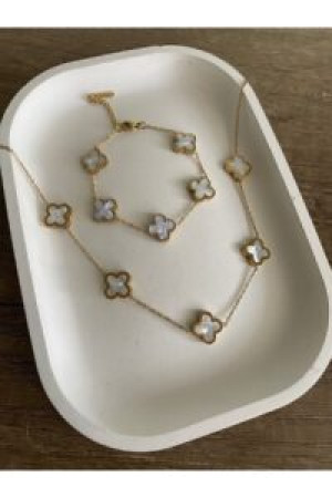 Toptan Altın Renk Beyaz Sedef Van Cleef Kolye Bileklik Set (çift Yönlüdür) – 3166