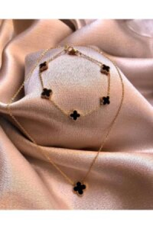 Toptan Altın Renk Siyah Sedef Van Cleef Kolye Bileklik Set – 3211