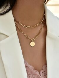 Toptan Altın Renk Dikdörtgen Zincir Yuvarlak Pul Charm Katmanlı Kolye – 2105
